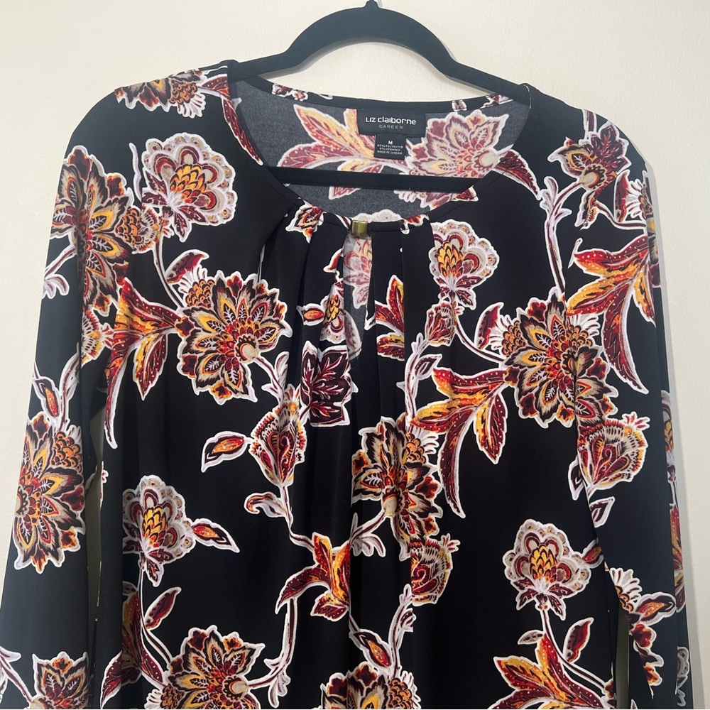 Liz Claiborne Career top women’s M business casual slinky keyhole floral black - Picture 5 of 9